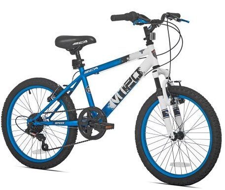 This is an image of younger boys mountain bike in white and blue color