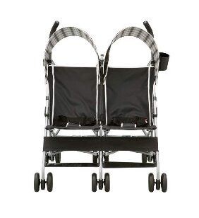 this is an image of a black side by side stroller for babies. 