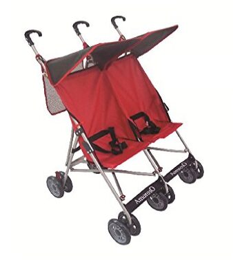 this is an image of a red twin stroller for babies. 