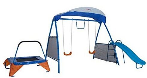 This is an image of swing set with slide and trampoline 