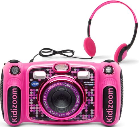 This is an image of Vtech duo camera with MP3 Player and Headphones, pink color