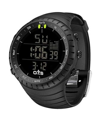 This is an image of a black waterproof digital sports watch. 