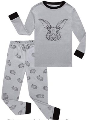  this is an image of a boy's pajama with rabbit print. 