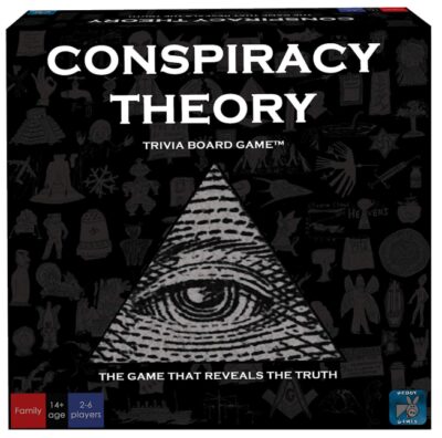 this is an image of a Conspiracy Theory trivia board game for teens age 14 and up. 