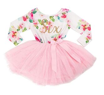 this is an image of a pink floral 6th birthday dress for little girls. 