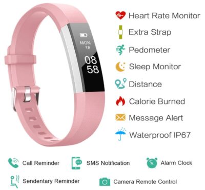 this is an image of a pink waterproof slim fitness tracker with heart rate monitor, calorie counter and pedometer feature designed for kids, men and women. 