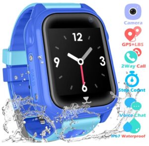 this is an image of a smartwatch for kids with GPS tracker, game phone voice chat, alarm clock. camera and flashlight