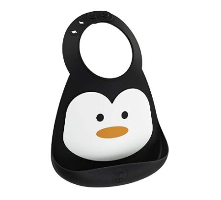 This is an image of a black penguin bib for babies. 