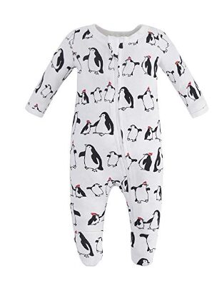 This is an image of a white sleepwear with penguin prints for babies. 