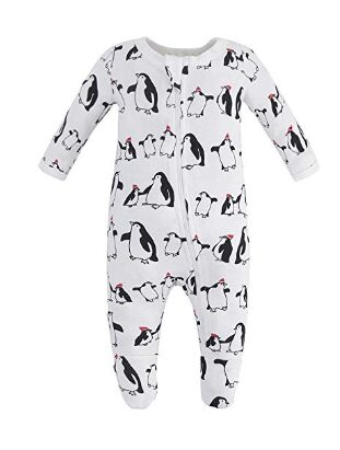 This is an image of a white sleepwear with penguin prints for babies.