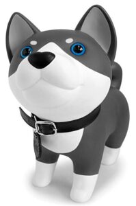 this is an image of kid's dog husky piggy bank in gray and white colors