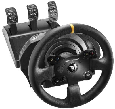 This is an image of Racing wheel by Thrustmaster TX with pedals in black color