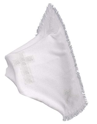 This is an image of a white christening blanket for baby girls. 