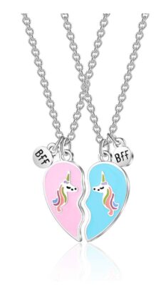 This is an image of a heart shaped design with unicorn element BFF necklace for kids.