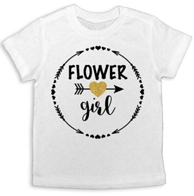 This is an image of girl's white shirt flower girl font graphic 
