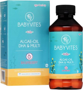 This is an image of BabyVites Liquid Child Vegetarian DHA, Plant Based Multivitamin w/ Algae Oil and All Natural Ingredients - Kosher, Sugar-Free, Gluten-Free, Non-GMO - Raspberry Flavor Vitamin