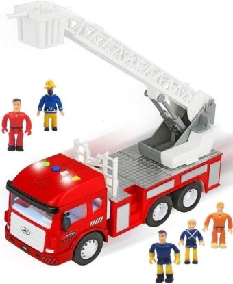 This is an image of FUNERICA Toy Fire Truck with Lights and Sounds - 4 Sirens - Extending Ladder - Powerful Friction Rolling
