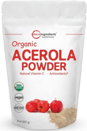 This is an image of  Pure Acerola Cherry Powder Organic, Natural and Organic Vitamin C Powder for Immune System Booster, 8 Ounce, Best Superfoods for Beverage, Smoothie and Drinks, No GMOs and Vegan Friendly