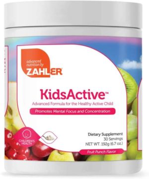 This is an image of  Zahler KidsActive, Kids Concentration Formula Powder, All Natural Children’s Supplement Supporting Focus and Attention, Certified Kosher, 30 Servings Fruit Punch Flavored Powder