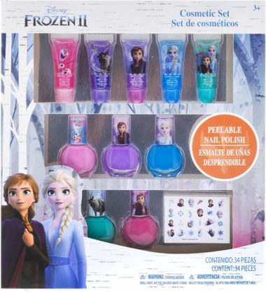 This is an image of Townley Girl Disney Frozen 2 Super Sparkly Cosmetic Set with Lip Gloss, Nail Polish and Nail Stickers