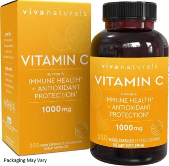 This is an image of  Vitamin C 1000mg (250 Capsules) - Non-GMO Vitamin C Supplements with Citrus Bioflavonoids & Rose Hips for Immune Support & Antioxidant Protection