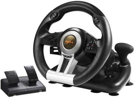 This is an image of https://www.amazon.com/Racing-Universal-Steering-Xbox-One-Nintendo/dp/B07XK6F14F/ref=sr_1_9?keywords=PS4+Steering+Wheel&qid=1580378989&sr=8-9PC-Racing-Wheel-PXN-V3II-180-Degree-Universal-Usb