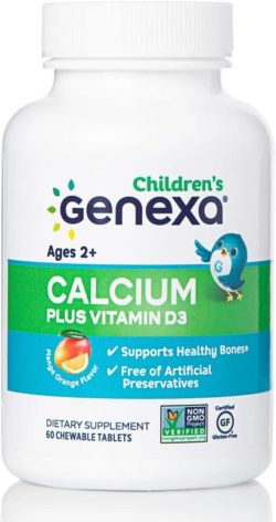 This is an image of  Genexa Calcium + Vitamin D3 for Children – 60 Tablets | Non-GMO & Gluten Free | Supports Healthy Bones | Mango Orange Flavor