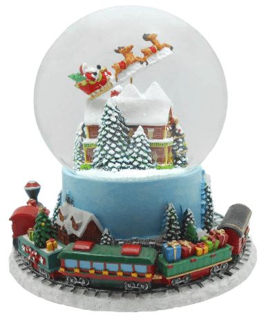 Lightahead Musical Flying Santa Figurine 120MM Poly Resin Water Snow Globe with Inside House and Train at Base revolving