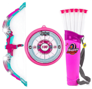 This is an image of a pink Toysery Bow and Arrow for Kids with LED Flash Lights,Archery Bow with 6 Suction Cups Arrows, Target, and Quiver