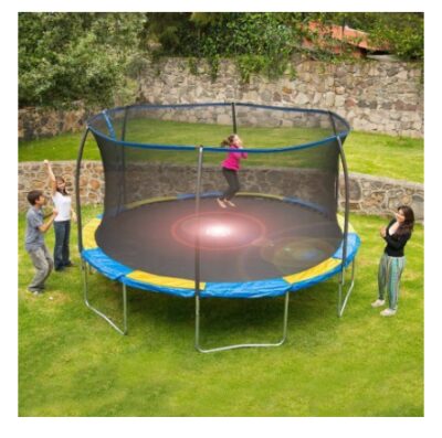 this is an image of a 12 inch trampoline with flash light zone for kids. 