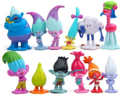  this is an image of a 12-piece mini doll figures and cake topper Troll toys for kid's party.