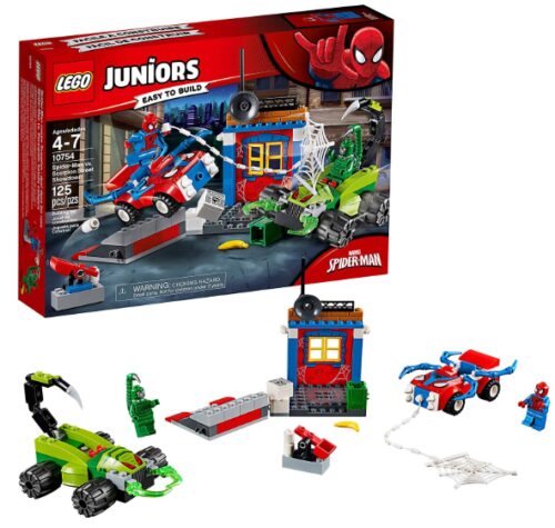 this is an image of a 125-piece LEGO Marvel Super Heroes Spider-Man vs. Scorpion Street Showdown building set for kids. 