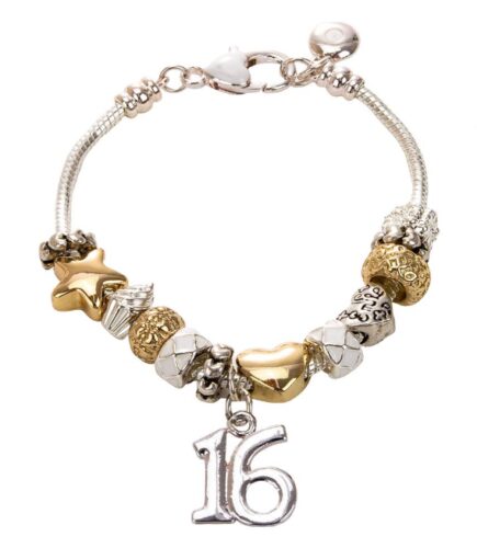 this is an image of a 16th birthday silver plated charm bracelet for girls. 