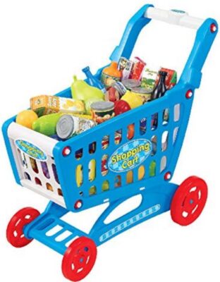 this is an image of kid's mini shopping cart in multi-colored colors