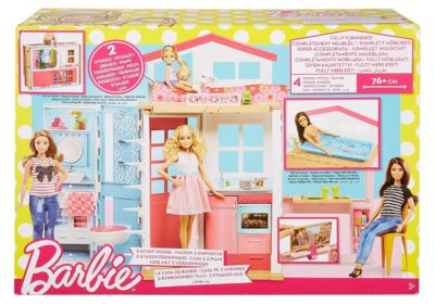 This is an image of a barbie house with furniture and accessories. 
