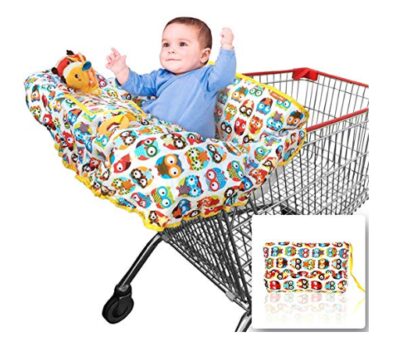 this is an image of a 2 in 1 shopping cart cover for babies. 