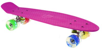 this is an image of a 22-inch pink skateboard with colorful LED light up wheels for beginners.