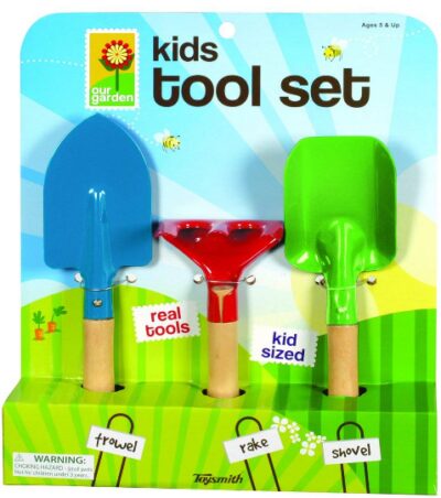 This is an image of 3 piece garden tool set with trowel and rake and shovel