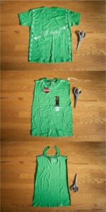 3 images of a t shirt getting cut into a superhero costume. scissors and on a wooden floor