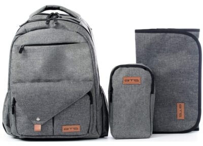 this is an image of a gray large waterproof diaper bag backpack with changing pad and mini bag. 
