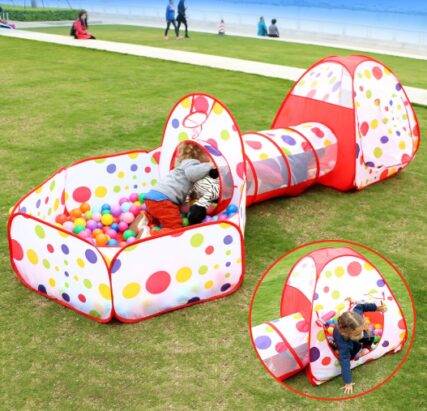 This is an image of polka dot 3 in 1 tent with tunnel for kids by EocuSun