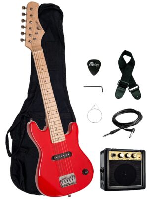 This is an image of kid's electric guitar package with 3W amp pack in red color