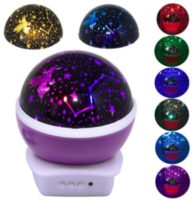 this is an image of a 360 degree rotating led mood and star projector night light for kids and adults. 