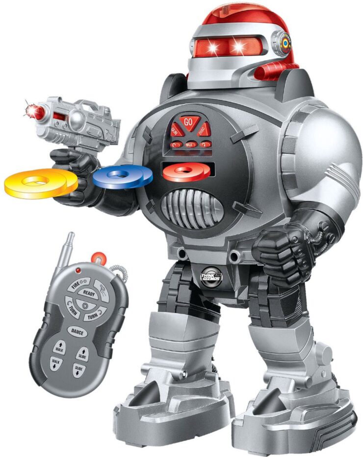 image of a gray Toy robot holding a gun with remote