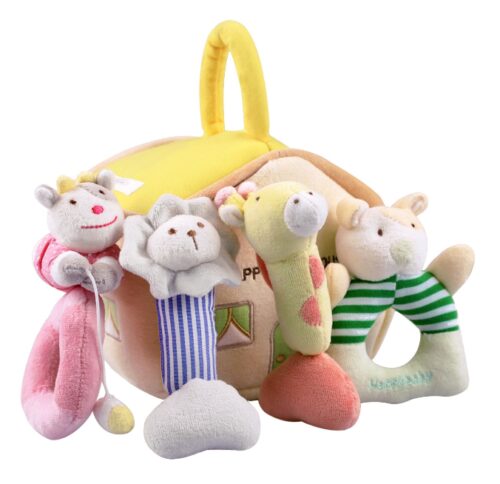 this is an image of a 4 plush soft rattle set for kids. 