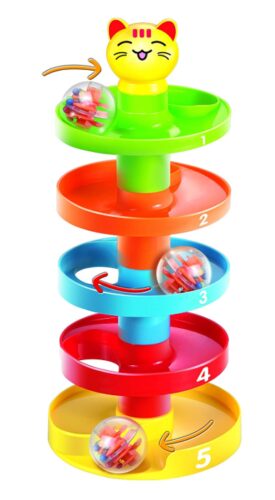 this is an image of a 5 layer ball drop and roll swirling tower for kids. 