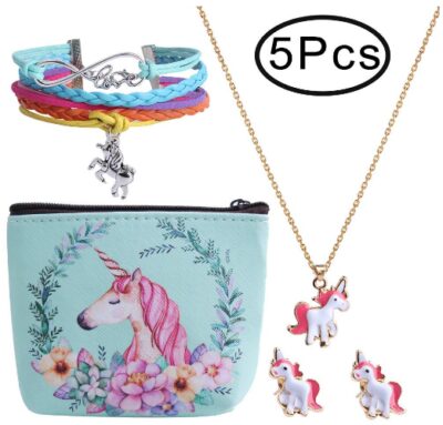 This is an image of girl's 5 pieces unicorn gift that contain Bracelet, Earrings, Storage, Bag, And Necklace in colorful colors