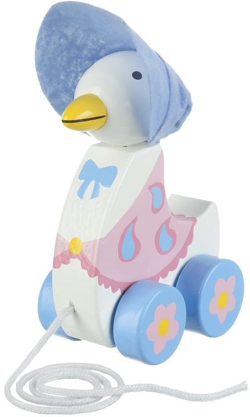 image of a duck toy pull-along in white and blue color with pink flower details on wheels