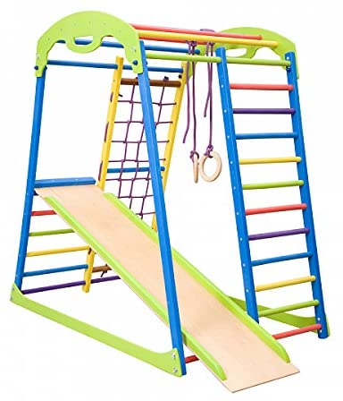 an image of a wooden climbing ladder with wooden slide in colorful hue.