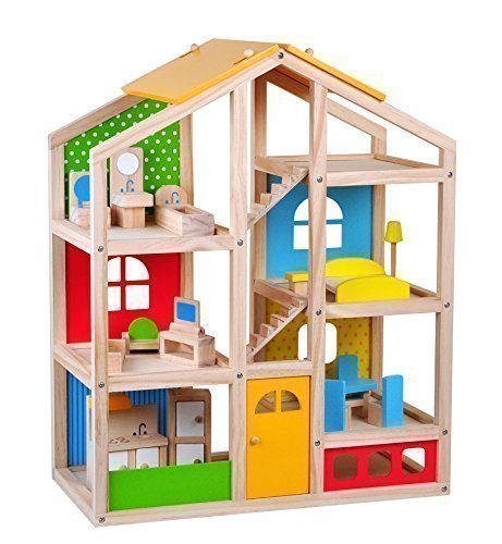 wooden dollhouse colourful for 3 year olds